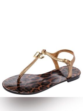 Dolce & Gabbana Gold Leopard Print Leather T Strap Thong Flats Size 37-sold out!